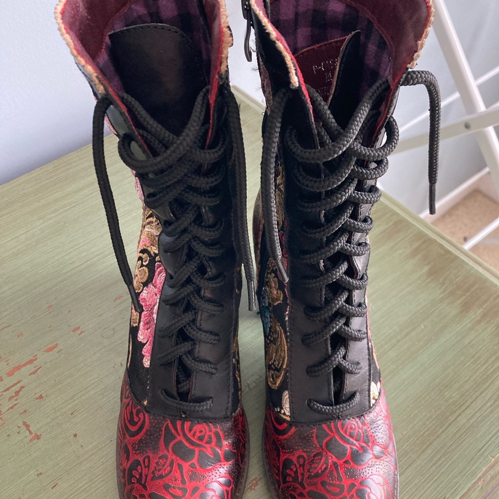 The Pyramid Collection Red and Black Embroidered Ankle Boots - Picture 3 of 5